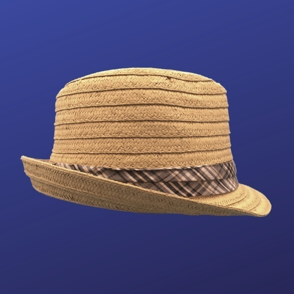 Vintage STONE Women’s FEDORA Straw Hat, NATURAL/GRAY PLAID, Size L/XL, NWOT